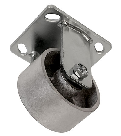 Angled bottom view of rigid caster with silver wheel